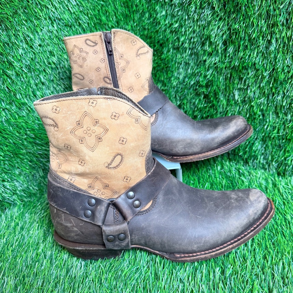 JB Dillon Womens Leather Harness Ankle Boots Brown Paisley Western JBA 2118 9.5